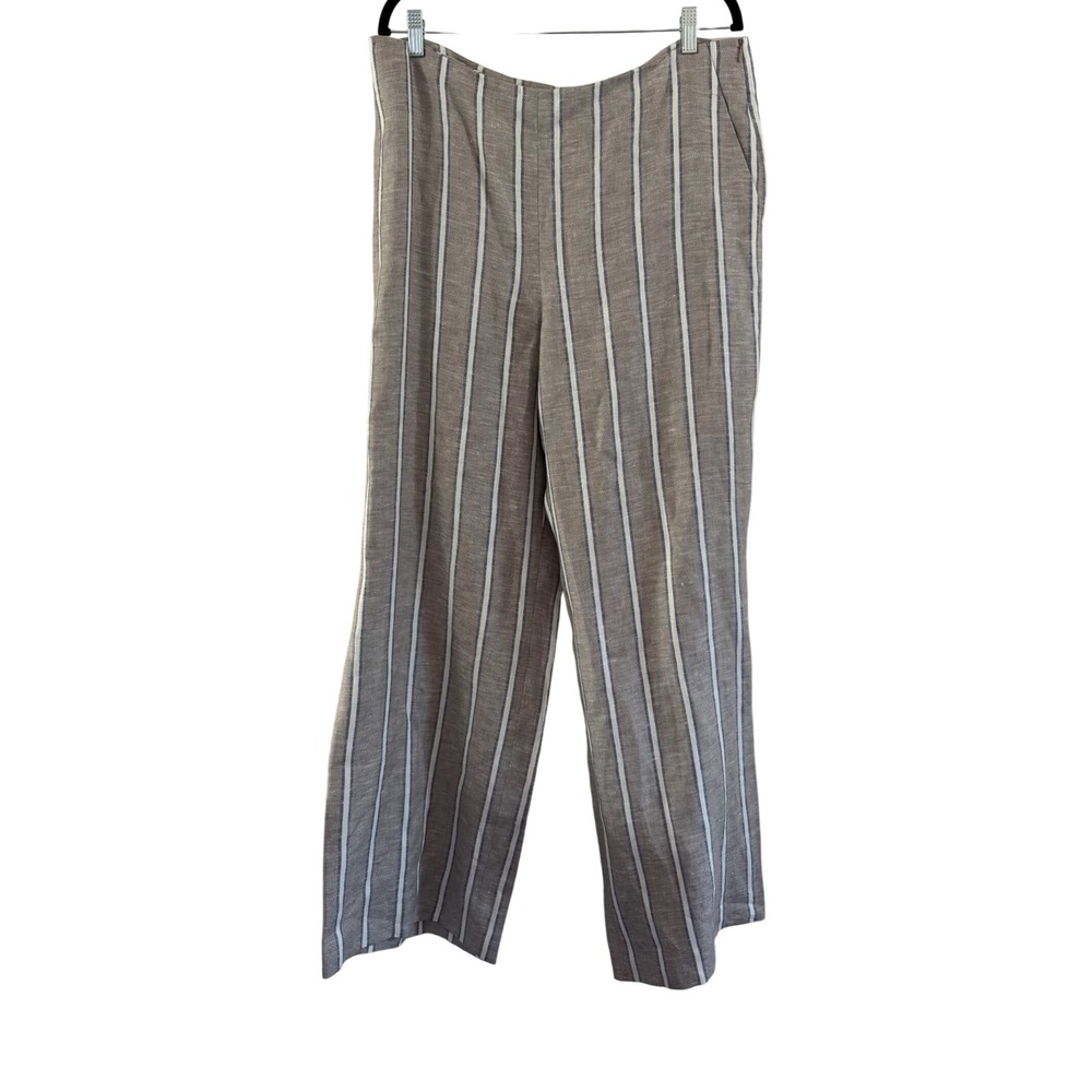 Lafayette 148 New York Striped Linen Wide Leg Pants Taupe White Navy Size 14 NWT